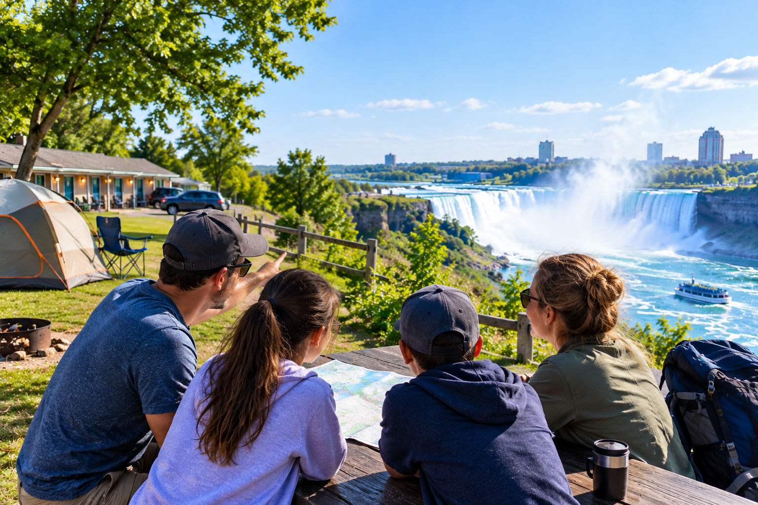 People sitting on a bench overlooking Niagara Falls on a sunny day