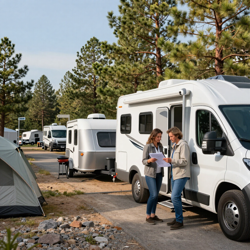 Campground with white RVs, pine trees, and two people talking beside a camper van.