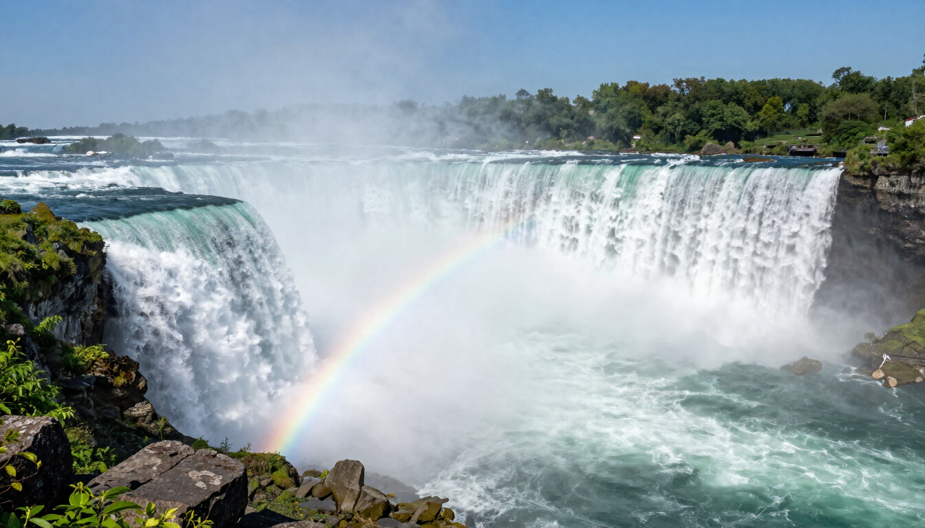 Wide waterfall with mist and a rainbow, cascading into a rocky river gorge under a blue sky
