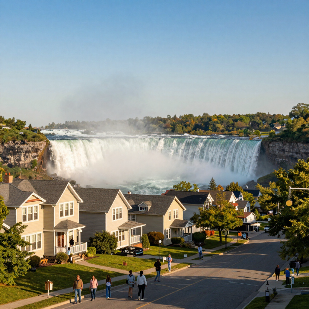 Tourists viewing a wide waterfall with mist and a faint rainbow from a lookout railing