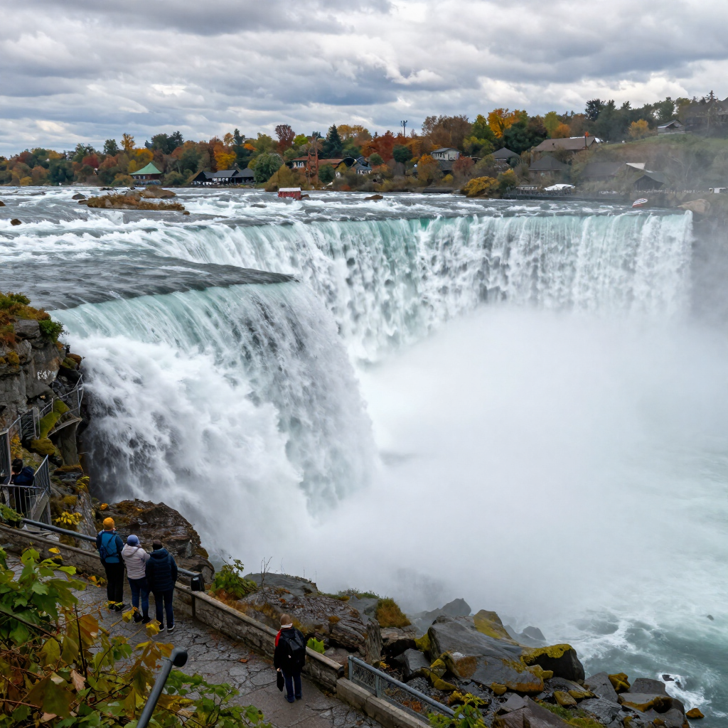 Niagara Falls with mist rising over the cascading water and visitors along the viewing path