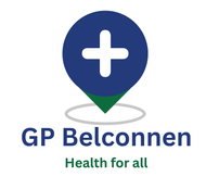 Logo for GP Belconnen: Blue location pin with white cross,