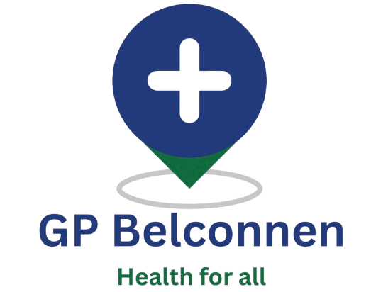 GP Belconnen logo with blue map pin and white cross, green tip, and tagline “Health for all”