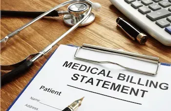 Medical billing statement with stethoscope, calculator, and pen on a wooden desk.