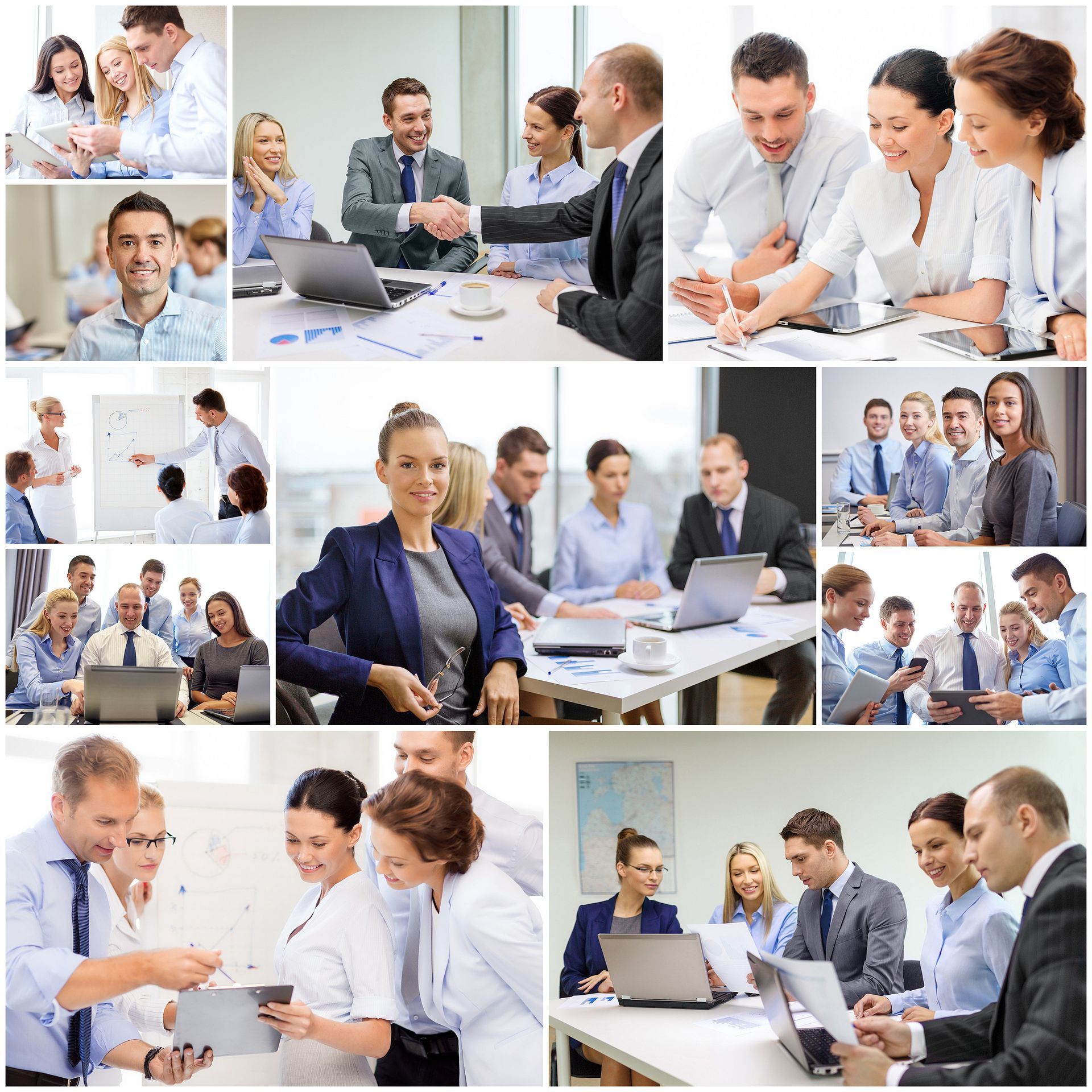Collage van zakenmensen in vergaderingen, die laptops gebruiken, samenwerken en glimlachen.