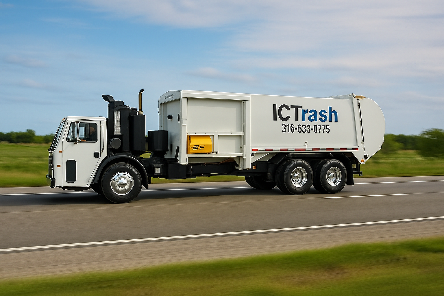 White ICTrash garbage truck driving on a paved road, green field in the background.