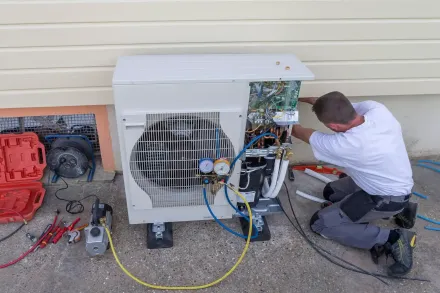 Technician kneels beside outdoor HVAC unit, inspecting wiring and tubing with tools on a concrete patio.