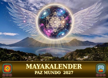 Engelsgestalt mit wallendem Haar, Taube und geometrischem Symbol, beschriftet mit „Paz Mundo Mayakalender 2025“.