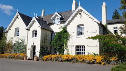 White two-story house with gray roof, arched windows, and yellow flowers along the front