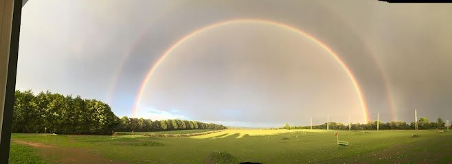 Double rainbow over a green field and trees at sunset