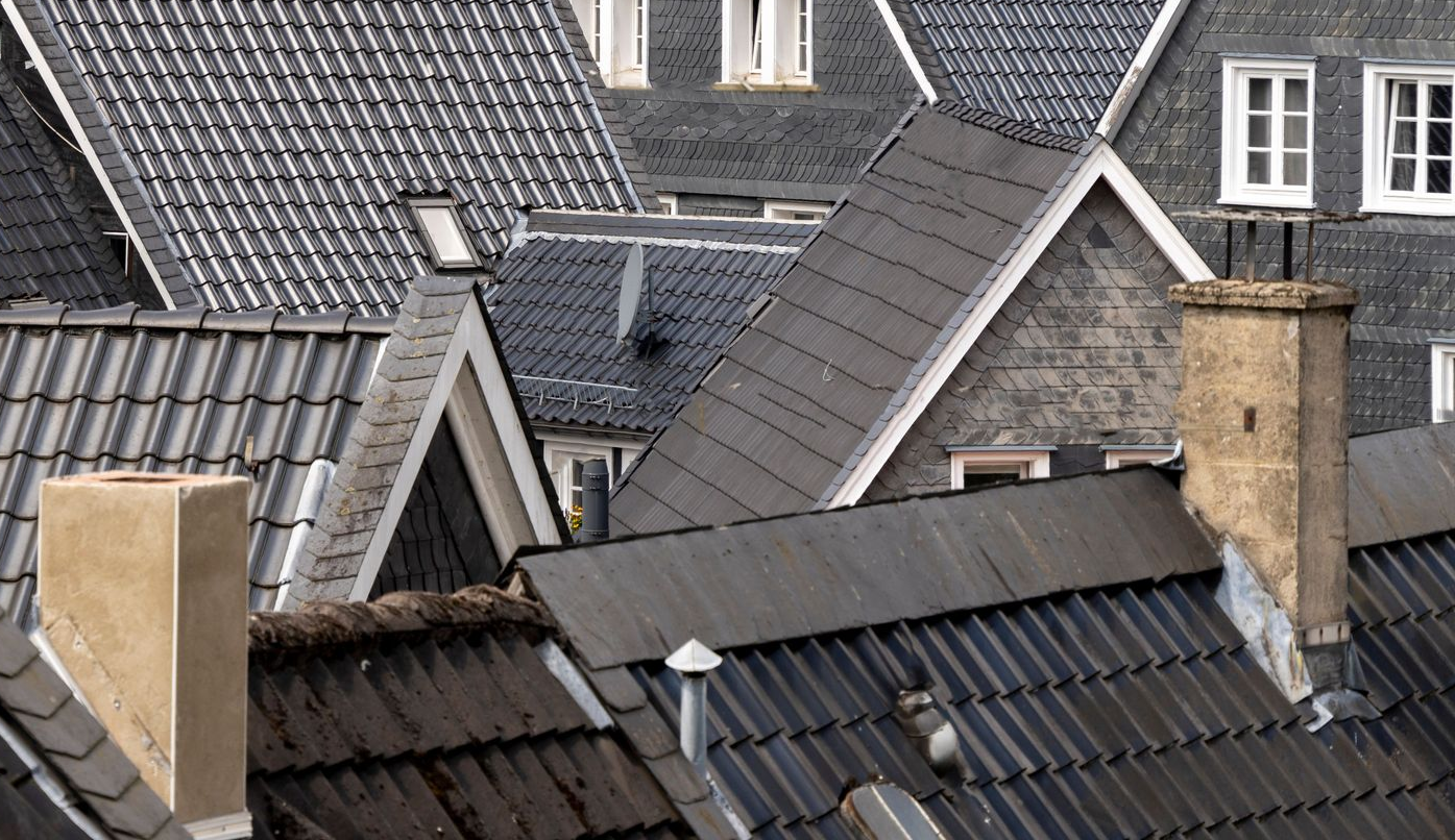 Slate rooftops and chimneys of closely packed houses under overcast light