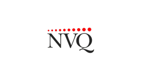 NVQ logo in black serif letters with a row of red dots above it on a white background