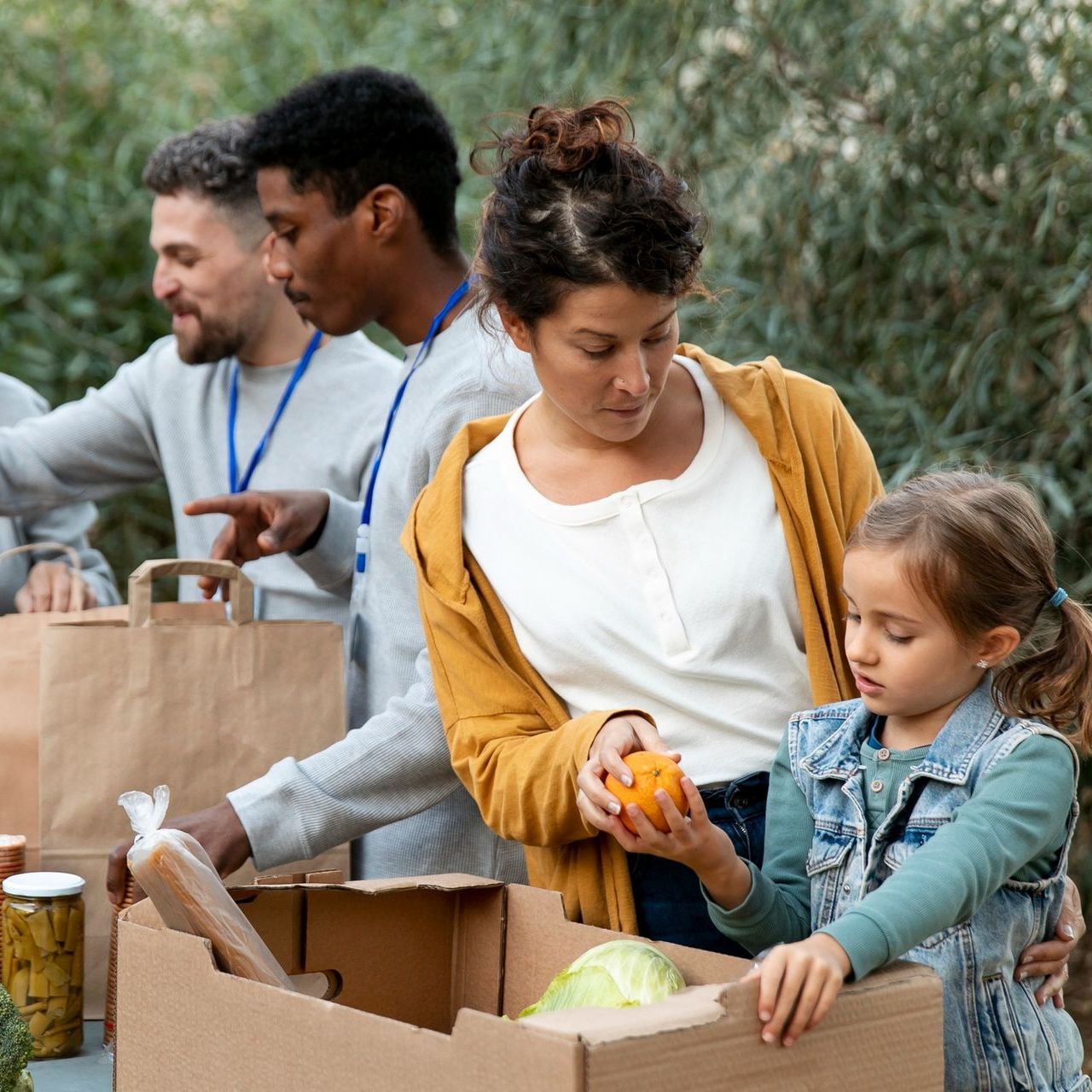 Volunteers distribute food to a woman and child. Man points. Woman and child inspect a box of groceries.