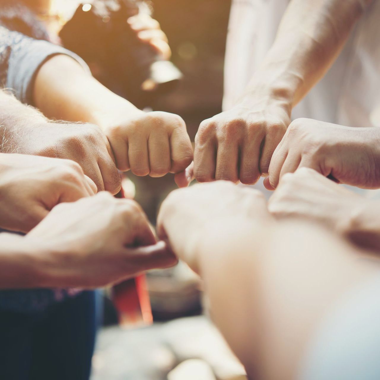Hands in a circle, fist bumping; teamwork and unity.