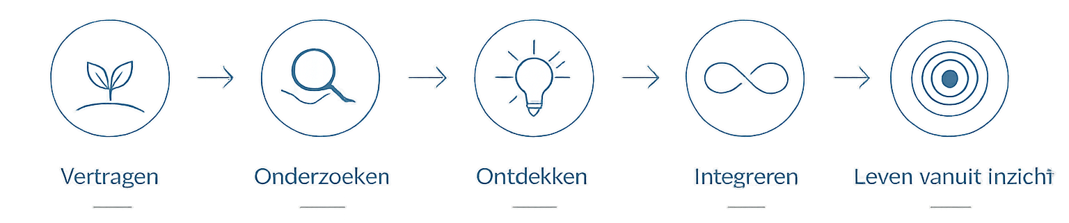 Een reeks van zes cirkelvormige iconen met Nederlandse labels die de stadia van bewustwording tot liefde en vertrouwen weergeven.