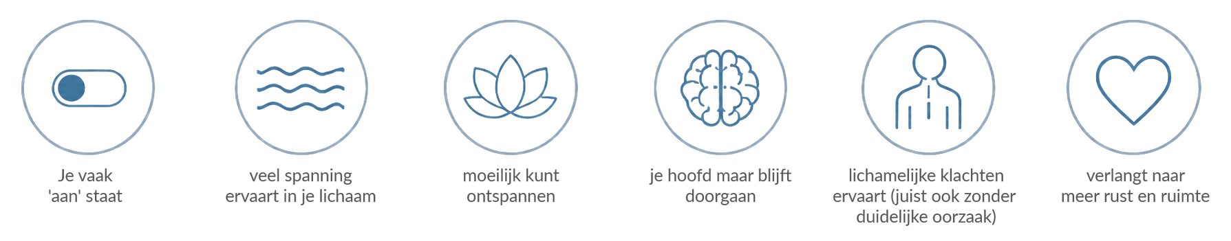 Zes ronde pictogrammen op een rij met symbolen voor duurzaamheid en welzijn, met daaronder kleine tekstlabels.