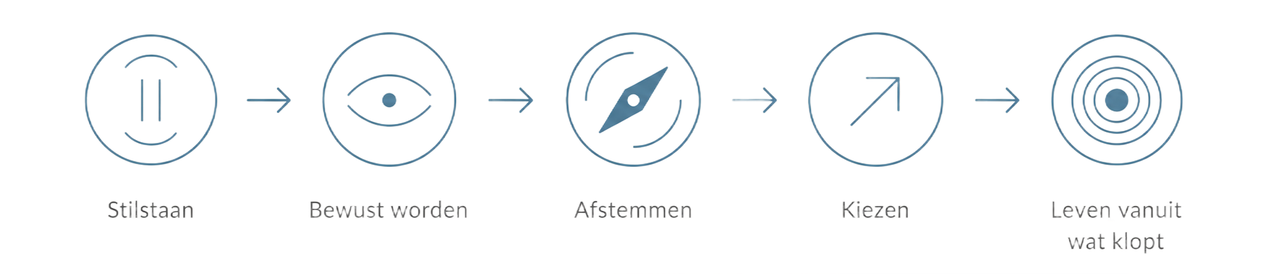 Visie Align Vijf lichtgrijze, ronde pictogrammen met pijlen ertussen, die een processtroom weergeven met kleine labels eronder.