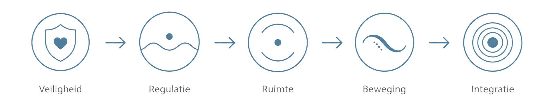 Een cirkeldiagram met vijf stappen, pictogrammen en labels, dat een proces van beveiliging tot doelwit weergeeft.