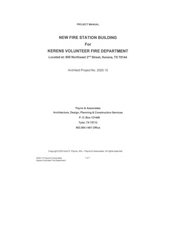 Title page for a Fire Department station building plan, with centered black text on a white background