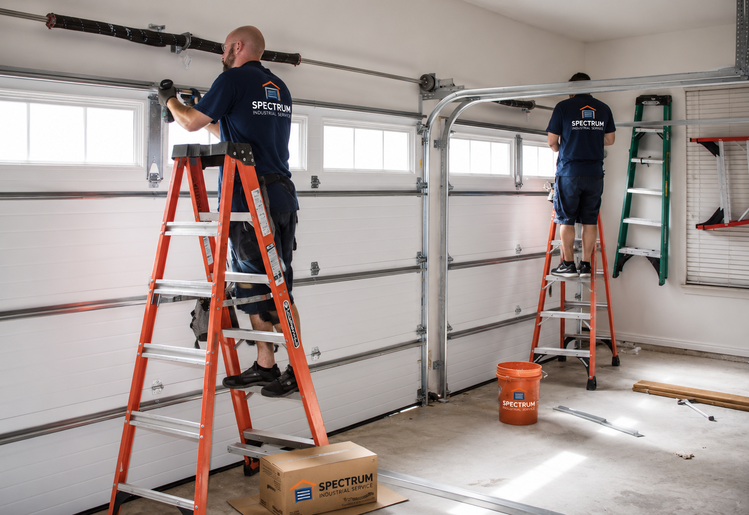Spectrum technicians installing residential garage doors
