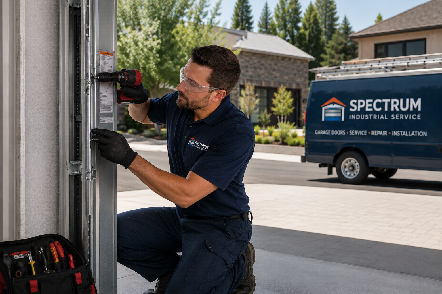 Spectrum technician repairing a residential garage door track