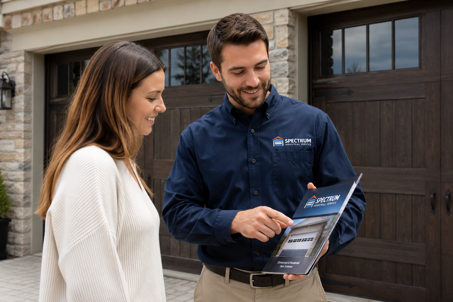 Spectrum garage door representative helping a homeowner choose a new door