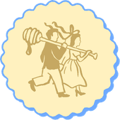 Two people carrying a long bundle over their shoulders inside a blue scalloped seal