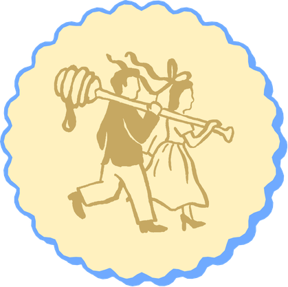Two people carrying a long bundle over their shoulders inside a blue scalloped seal