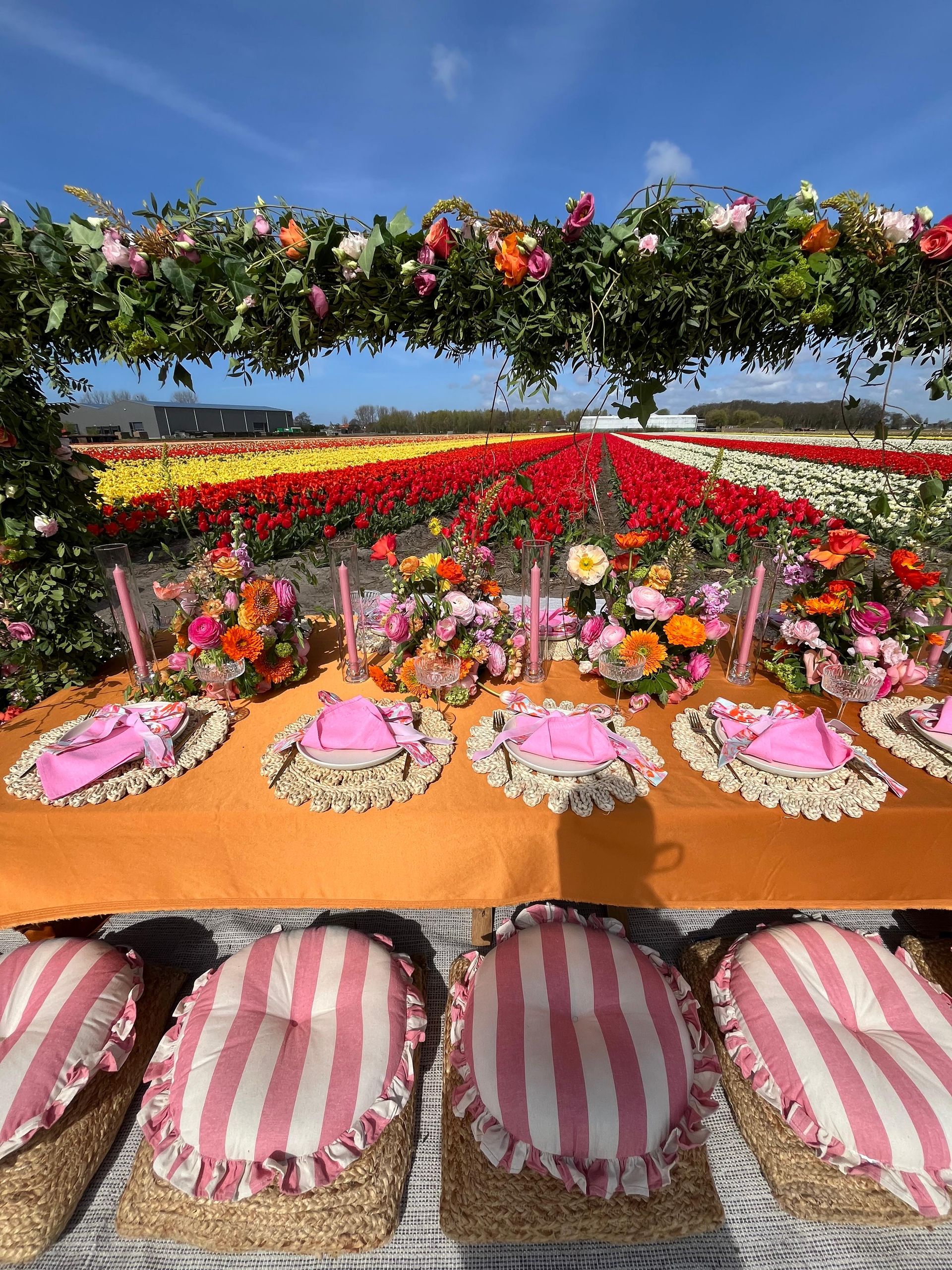 Colorful floral table setting under an arch of flowers in a garden, with pink-striped cushions in front