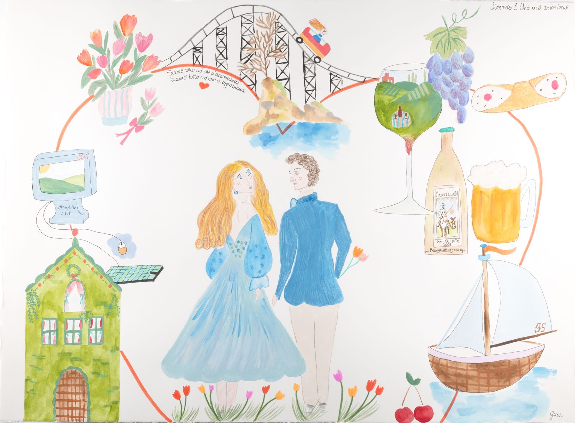 Illustrated wedding scene with a bride and groom, flowers, bridge, champagne, cake, and a boat floating on water