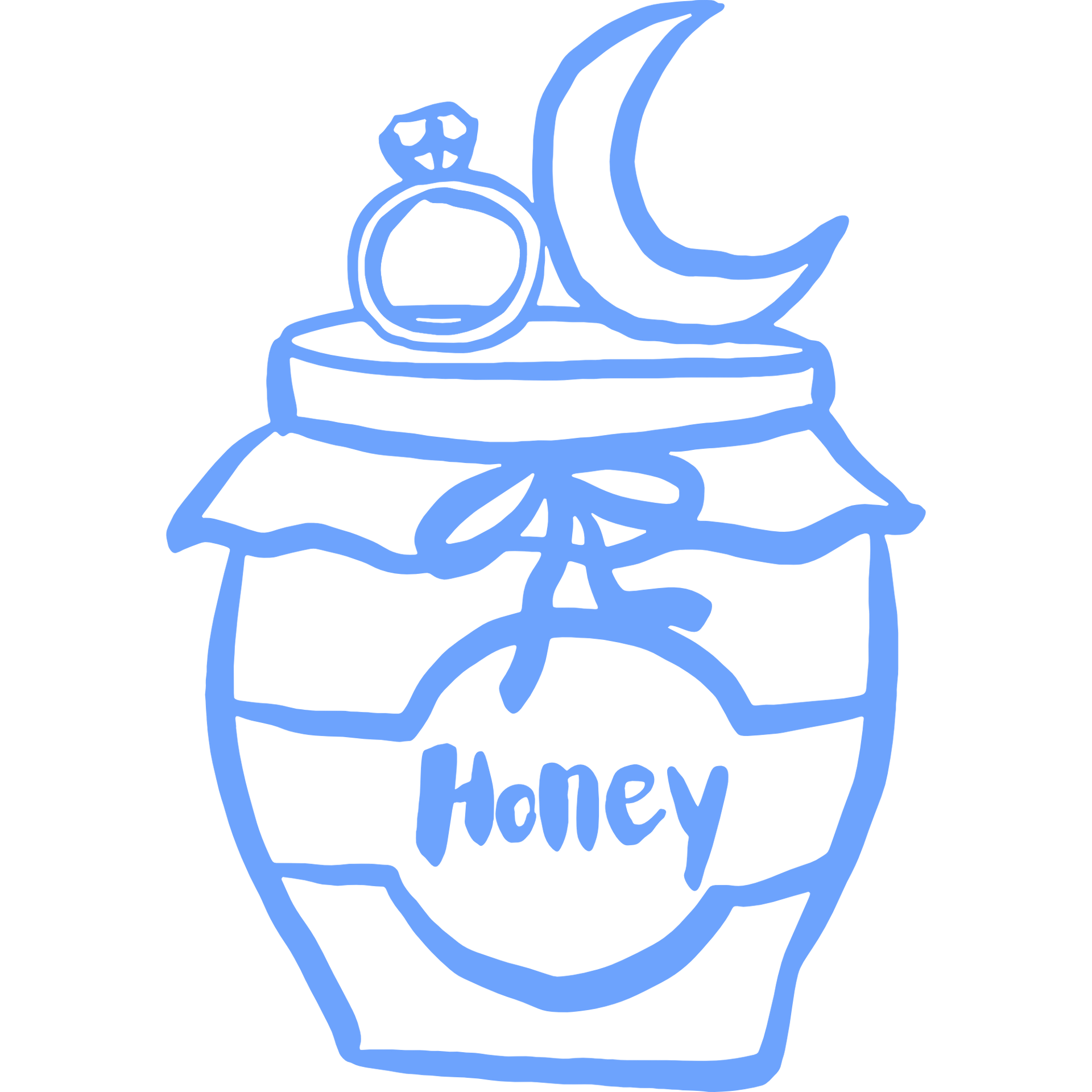 Blue line drawing of a honey jar with a bow, lid, and crescent moon on top