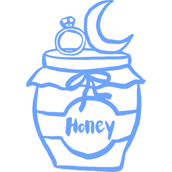 Blue line drawing of a honey jar with a bow, lid, and crescent moon on top