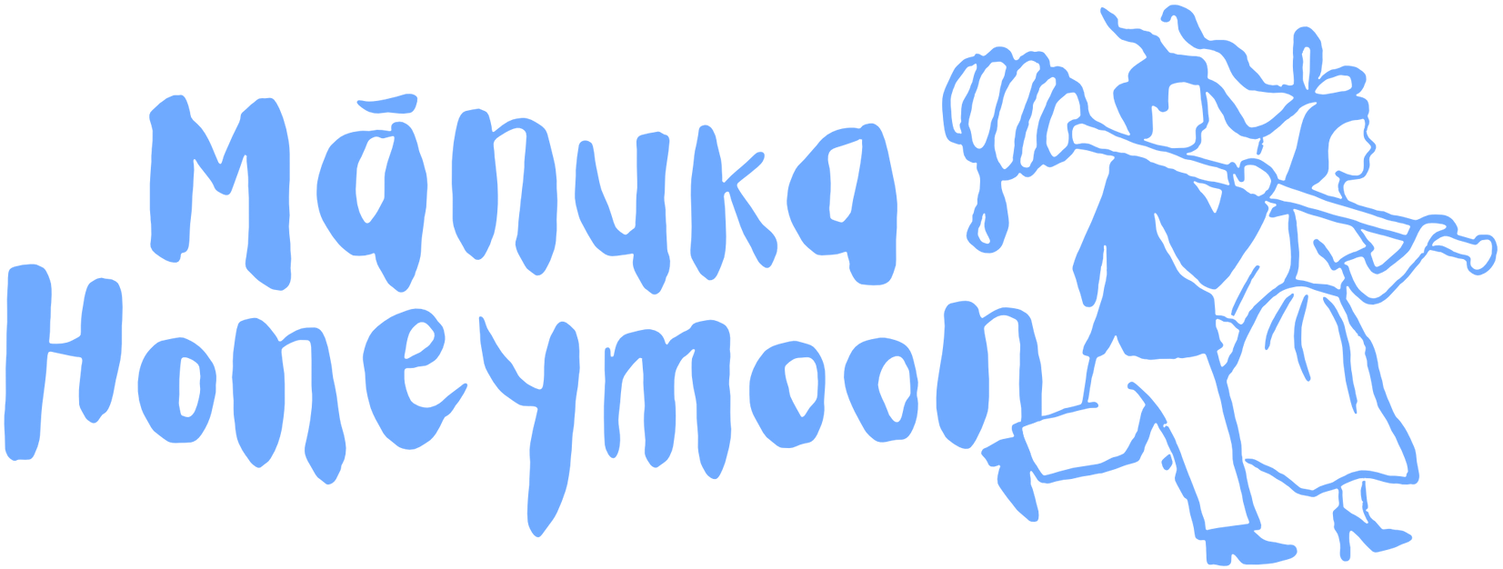 Blue “Mañka Honeymoon” logo with a cartoon couple holding hands and a large heart above them