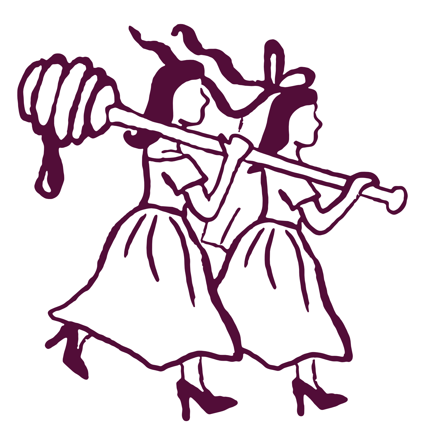 Two stylized women in purple dresses dance while carrying a large staff across their shoulders.