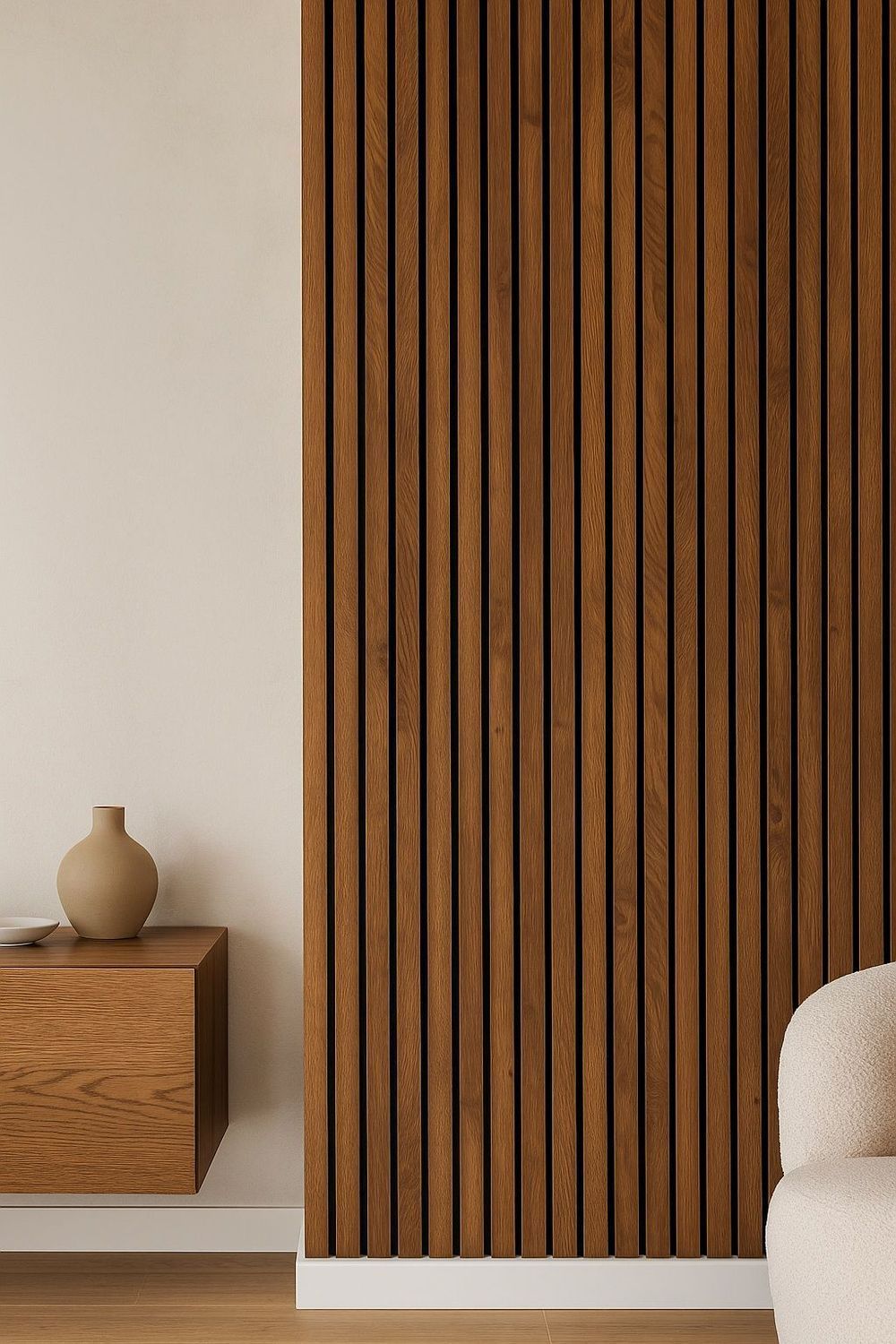 Interior moderno con una pared vertical de listones de madera, un pequeño estante y un borde de sofá beige.