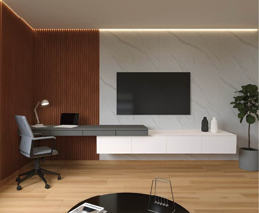 Oficina moderna con escritorio, silla, televisor montado en la pared, revestimiento de madera y planta en maceta.