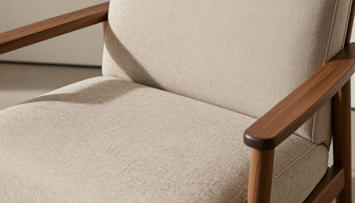 Beige upholstered armchair with wooden arms and legs against a light wall