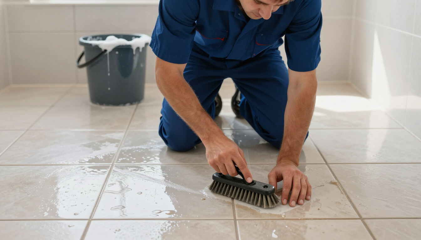 Person scrubbing wet tile floor with a brush beside a cleaning bucket
