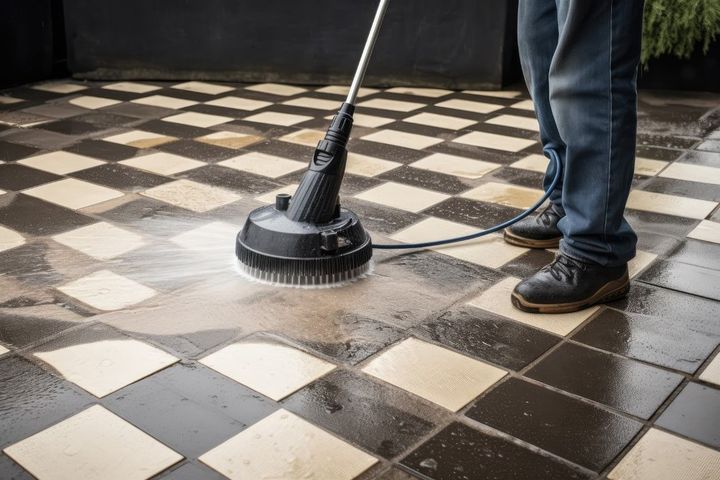 Person steam-cleans a black-and-white checkered floor with a floor scrubber.