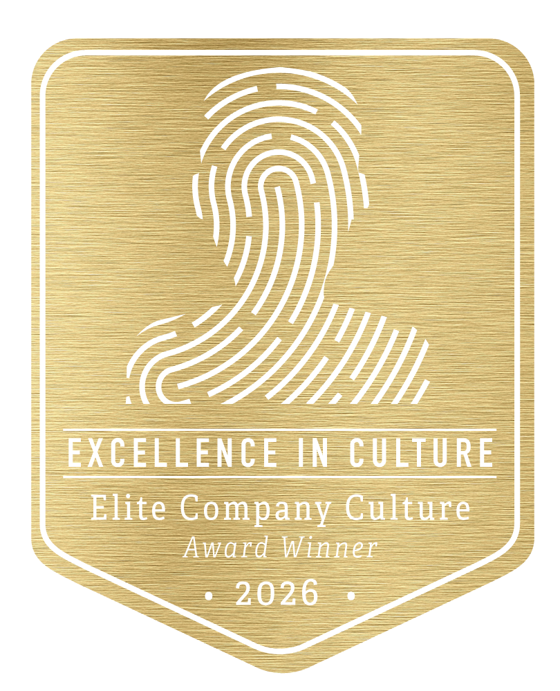 Gold “Excellence in Culture” award badge with white fingerprint design and “Elite Company Culture Award Winner 2026” text
