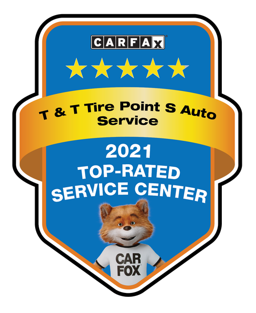 CARFAX Top-Rated Service Center award badge featuring a fox mascot and text for T & T Tire Point S Auto Service. | TNT Tire Point S Auto Service