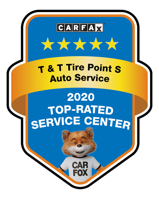 CARFAX Top-Rated Service Center award badge, 2020. Features a fox mascot and gold stars. | TNT Tire Point S Auto Service
