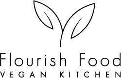 A black and white logo for flourish food vegan kitchen.