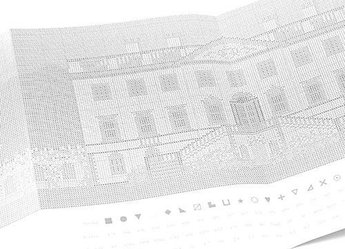 A black and white drawing of a building on a piece of paper.