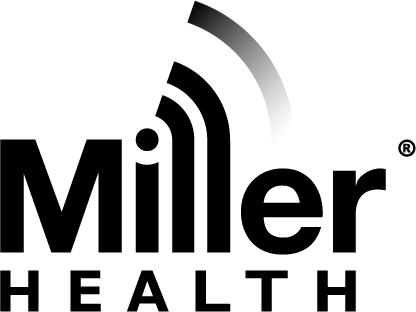 A black and white miller health logo on a white background.