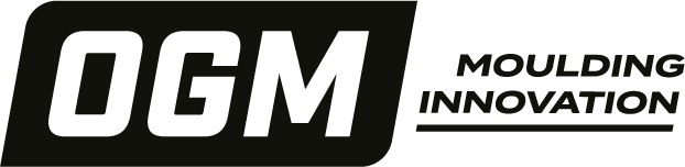 a black and white logo for ogm moulding innovation .
