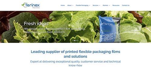 a screenshot of the website for terinex flexibles, a leading supplier of printed flexible packaging films and solutions .