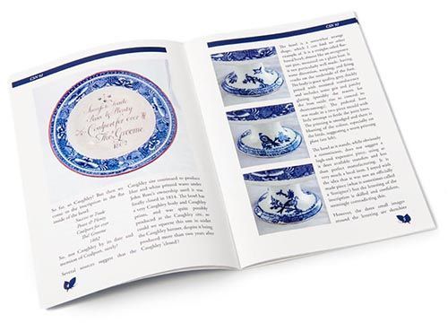 a copy of the caughley society newsletter is open to a page with a picture of a blue and white plate