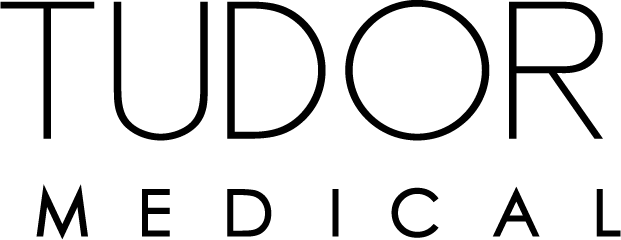 the tudor medical logo is black and white on a white background .