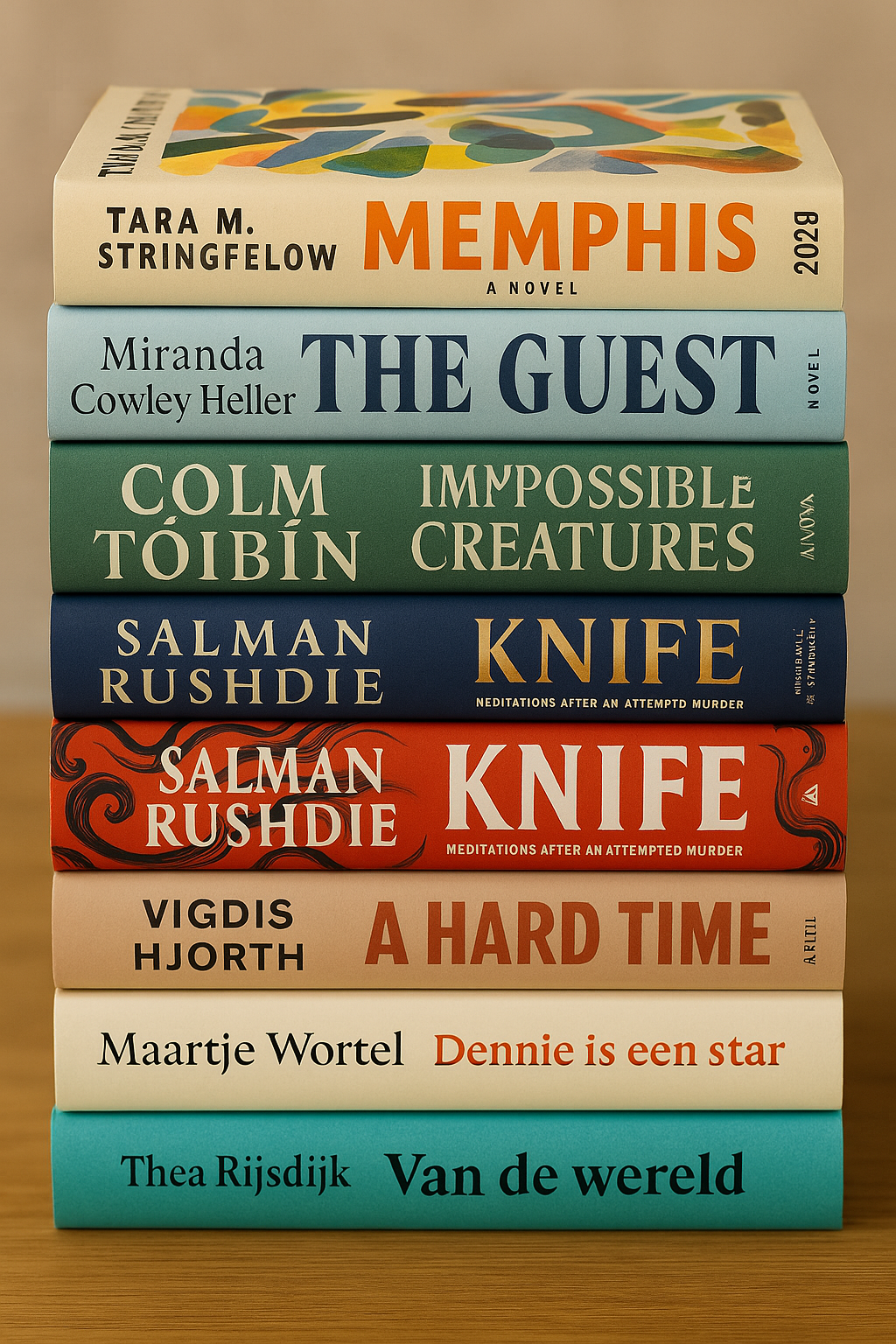 Een stapel kleurrijke pocketboeken, waaronder Memphis, The Guest en Knife, tegen een effen achtergrond.